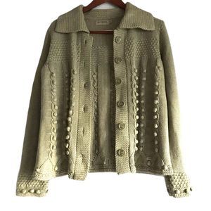 Modea Marine Heavy Cotton Knit Cardigan Button Down Sweater in Light Olive Green